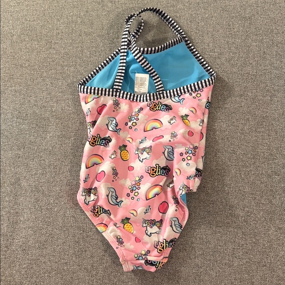 5/$15- Pink Patterned Swimsuit with Striped Straps - Picture 2 of 2